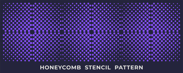 Purple honeycomb stencil pattern with hexagon halftone gradient on dark navy background, repeating geometric texture.