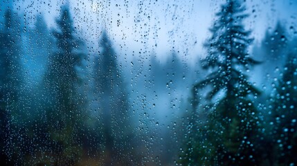 Rainy forest view through a window with water drops on the glass, moody atmosphere.