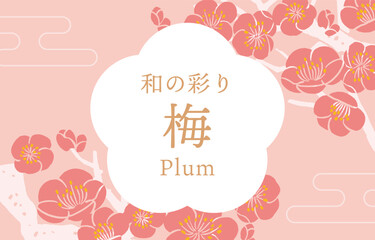 Vector template of a plum branch in a woodblock style | Japanese botanical illustration. It says "Japanese Colorful Plum" in Japanese.