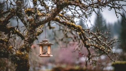 Empty bird feeder hangs from mossy tree branches