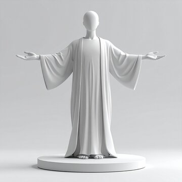 Serene faceless figure in flowing white robe on pedestal