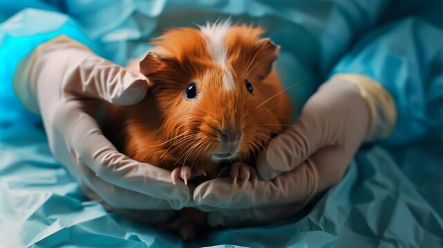 brown guinea pig in gloved hands, calm veterinary checkup on blue surgical drape, closeup highlighting fur texture and bright eyes, technician gently palpating, sterile environment and soft