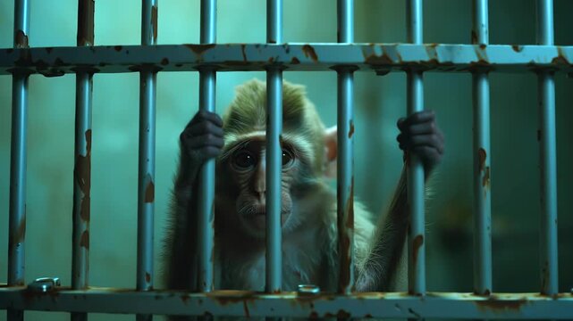 caged macaque monkey grasping cold bars under dim teal lighting, rusted metal enclosure, closeup on expressive face and hands conveying solitude and distress of lab research subject, evokes