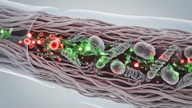 Microcirculation around the tendon, with medication causing vessel walls to relax and deliver nutrients more efficiently. Oxygen and amino acid particles drift smoothly toward fibroblasts