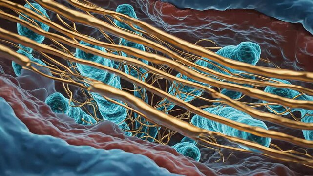 Tendon fibroblasts activating after medication exposure. These cells glow brightly as they begin synthesizing new collagen strands. The strands assemble into neat, parallel lines, restoring tensile 