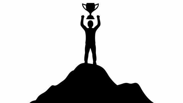 Man standing on mountain summit holding trophy aloft in triumph