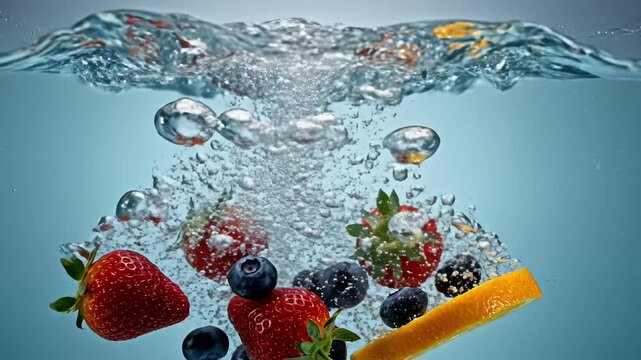 Fresh mixed berries and citrus splashing in clear water.