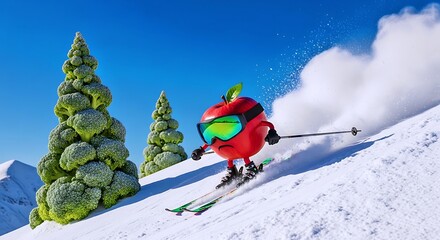 Adventurous Anthropomorphic Apple Skiing Through Snowy Mountain Landscape