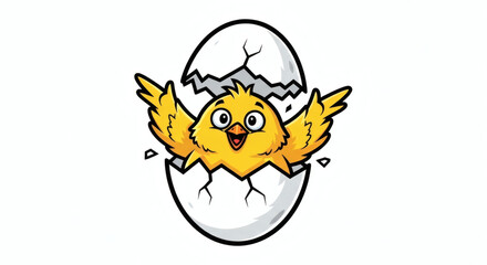 Happy Yellow Chick Hatching from Egg, Cartoon Character