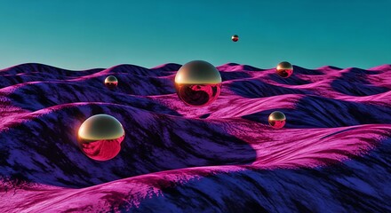 Futuristic Neon Landscape with Floating Metallic Spheres Over Vibrant Abstract Waves