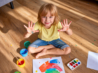little girl playing with paints