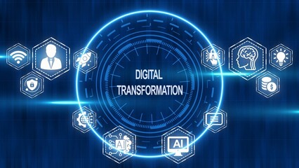 Obraz premium Digital Transformation Concept with Central Text and Hexagonal Technology Icons network data