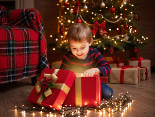 little boy with christmas presents