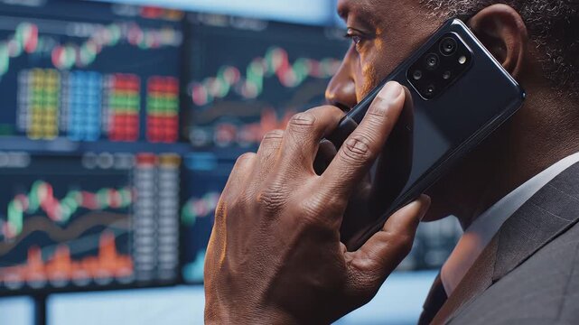 Businessman on phone with stock charts