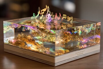 A colorful, holographic music box sits on a wooden table with musical notes floating above.