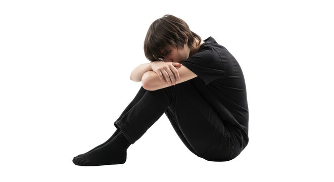 A young man sitting alone in the dark, feeling sad and depressed on transparent background