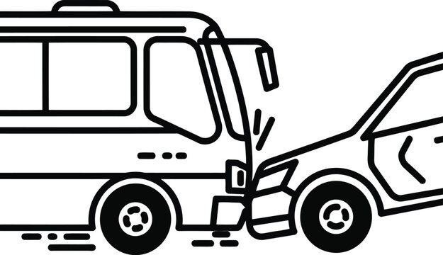 Bus versus car collision scene line art icon illustration representing traffic accident insurance claim vector