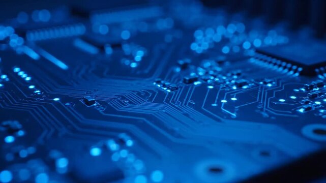 Blue Circuit Board Close-up - A close-up of a blue circuit board, showing the intricate network of pathways and components. The video has a shallow depth of field, focusing on the foreground elements.