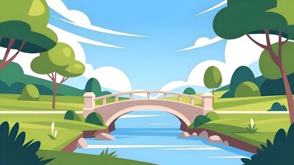 Obraz premium Park Landscape Illustration with a Bridge over a Tranquil River