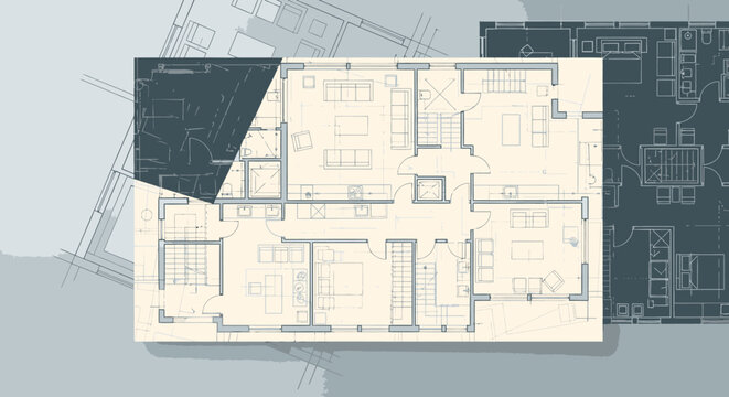 Detailed architectural floor plan with blueprint designs and schematics via ImageFX