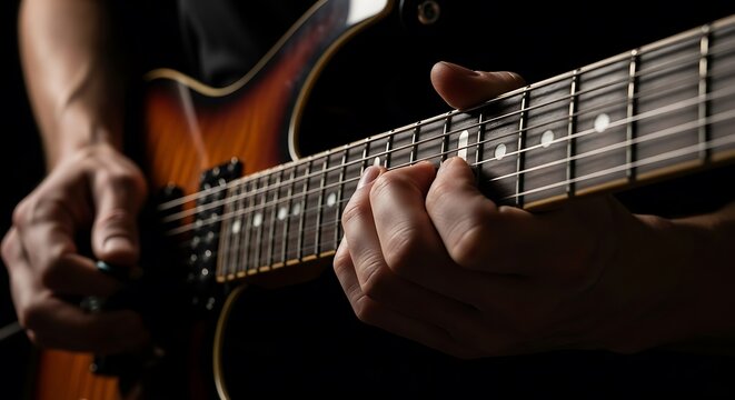 Close Up Hands Playing Electric Guitar in Dark Studio