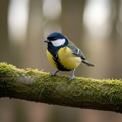 Naklejka premium Colorful Tit on Mossy Branch in Forest