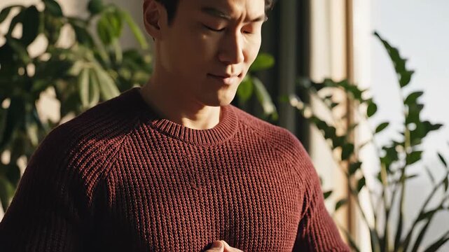 Man in red sweater with hands on chest