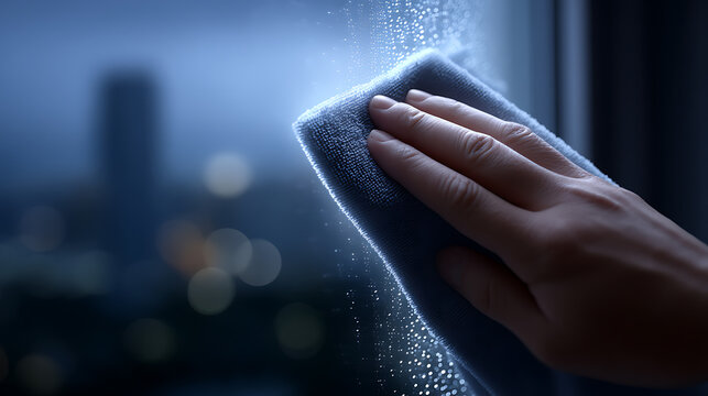 A person's hand using a cloth to wipe the window glass 