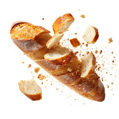  Baguette With Floating Slices And Crumbs on a white background