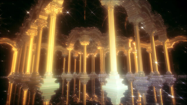 A magnificent architectural display of golden columns and arches, bathed in a celestial light