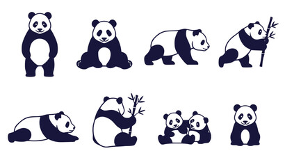 Cute Panda Collection Flat Design Vector Illustration: Diverse Poses & Bamboo © aminul