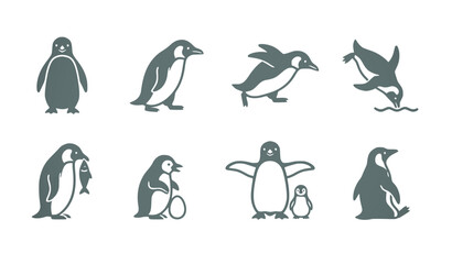 Obraz premium Penguin Set Vector Illustration: Diverse Actions, Cute Flat Design Graphics