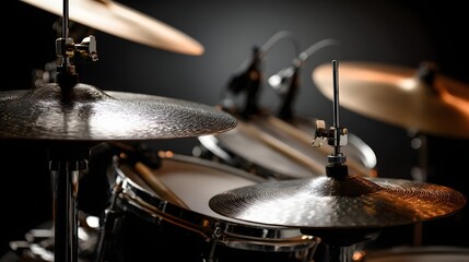 Close-up of a professional drum set with cymbals and drums in a dark studio setting, ready for a performance.
