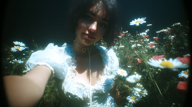 Young woman capturing selfie amidst a field of blooming daisies. She is holding flowers