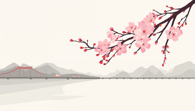 ベクターのフラット塗りで右上の桜を主役にした簡潔な背景