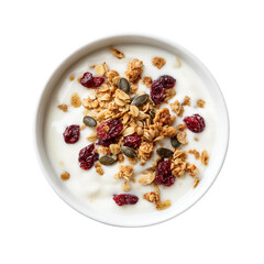 bowl of yogurt with granola on a white background