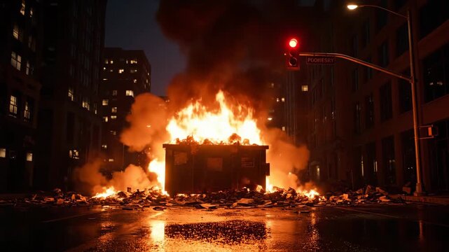 Burning Dumpster in Urban Street - A dumpster is engulfed in flames in the middle of a city street, with debris scattered around.