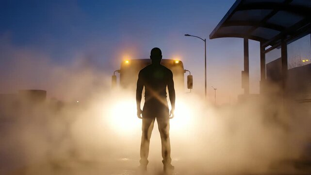 Solitary man standing in foggy urban street at dusk, backlit by truck headlights for confrontation concept and dramatic mystery