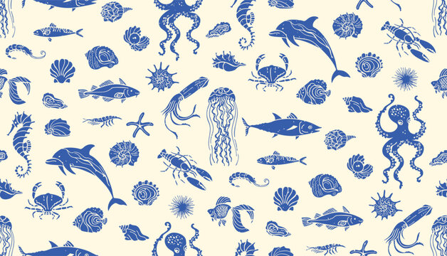 Underwater Marine Life Grunge Hand Drawn Seamless Pattern, Ocean Stamp Mediterranean Silhouette. Octopus, seahorse shell fish crab, lobster starfish seashells coastal ocean retro mood Background