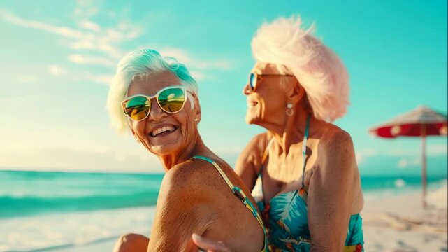 sunny beach two women laughing, vibrant senior friends in colorful sunglasses embrace on sandy shore with turquoise ocean and umbrella in background, warm golden tones, active aging