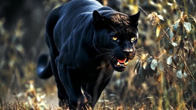 Black Panther Roaring Aggressively in Dense Jungle Vegetation.
