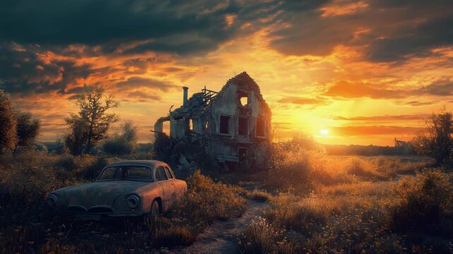 A dilapidated house and classic car sit in a field as the sun sets, casting an orange glow