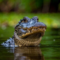 Obraz premium A large reptile with a long snout and sharp teeth in water (1)