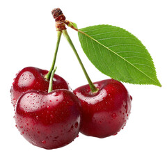  Delicious cherries with green leaf on a white background