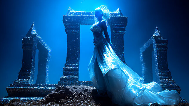 A mystical woman gracefully posing underwater near ancient ruins. The scene exudes an ethereal, underwater ambiance.  