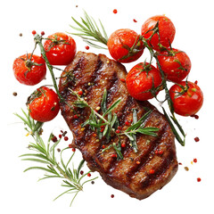  Delicious Grilled Steak with Roasted Tomatoes and Herbs on a white background