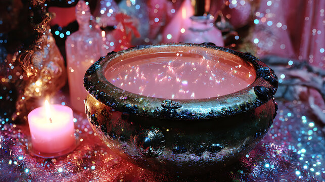 A magical potion glowing in an ornate cauldron, illuminated by candlelight. The scene is filled with a sense of enchantment
