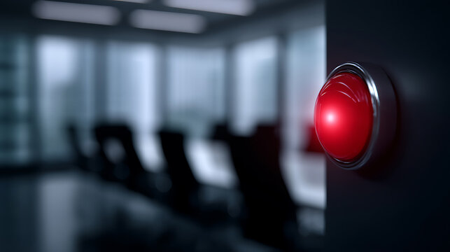 A striking shot of a lit red button with a blurred conference room background, creating an atmosphere of anticipation and urgency.