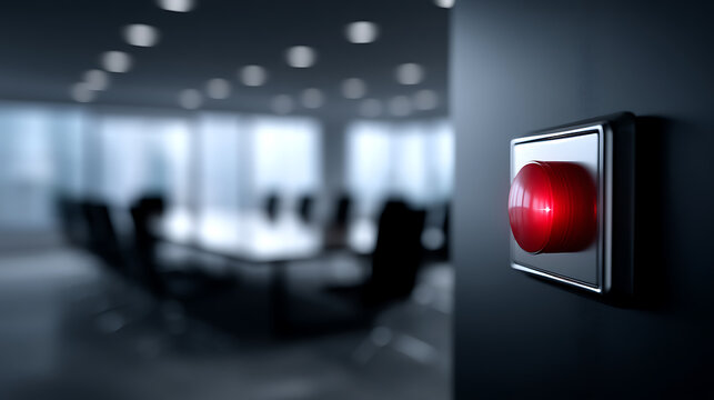 An illuminated emergency button hangs on the wall in a conference room. The red light glows prominently
