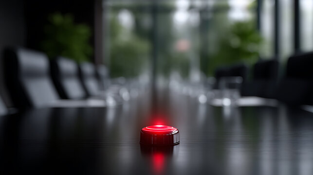 A Red Button Centerpiece on a Dark Conference Table